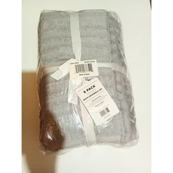 Woverly Luxury Ribbed 100% Cotton Quick Dry 6 Piece Bath Towel Set Light Gray - Picture 6 of 7